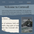 A digital preview of a book or magazine cover titled 'Welcome to Cornwall' with a blue-gray background, serif headline text, a torn-paper style text inset, and a smaller inset cover image showing a rocky coastal scene. The top navigation reads GUIDE, LANDSCAPE, SEASON, and SNIPPET.