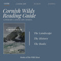 Promotional graphic for the Cornish Wilds Reading Guide by Books of the Wild Moor, featuring a slate blue background with white text and a small inset book cover showing a coastal landscape.