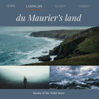 A book cover titled "du Maurier's land" under the Landscape series from Books of the Wild Moor, featuring a coastal cliff and ocean scene with two smaller landscape photos below.