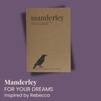 A kraft paper notebook or journal titled 'manderley FOR YOUR DREAMS' with a black raven illustration, shown on a purple background with additional text reading 'Manderley FOR YOUR DREAMS inspired by Rebecca'.
