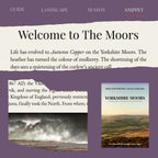 A book cover for 'Yorkshire Moors' by Books of the Wild Moor, displayed on a website-style page with a mauve background, headline text, and a small landscape photo.